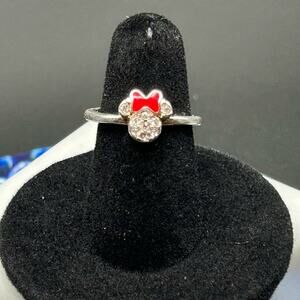 Disney Minnie Mouse Ring Rhinestone red bow silver tone size 5.5 adjustable #K26